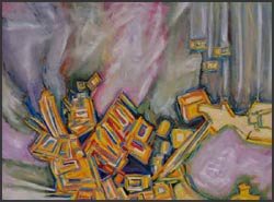 Proton Cells: Oil Painting by James Homer Brown. Painted in shades of lilac, green, pink and yellow.