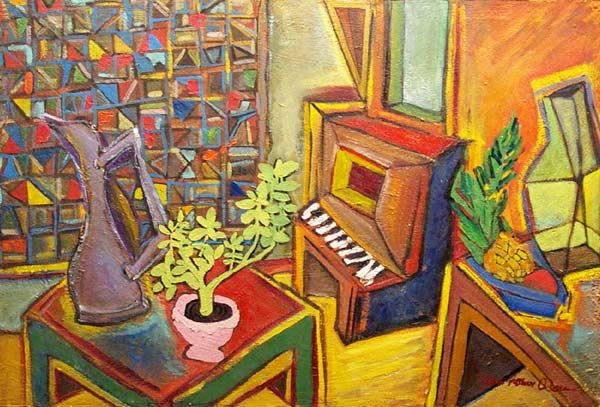 Cafe Zito: Still Life Oil Painting pictures a piano, jade plant, ceramic jar and a pineapple: James Homer Brown . New York style art from metro Detroit. James Homer Brown, member of the Detroit Art Scene paints colorful original art paintings for corporations, individuals and the movie industry. 