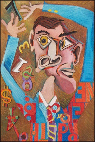 Numbers Guy #9 Picasso's Accountant: Satirical abstract portraits about Wall Street and Business by James Homer Brown - an award winning Michigan artist and member of the Detroit Art Scene.