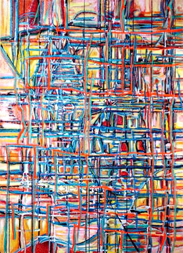 Fellowship of Line #6: Colorful expressionist abstract oil painting artwork. Shows colorful lines in an energe grid composed of the colors of red, orange, yellow and blue.  James Brown : Metro Detroit Artist