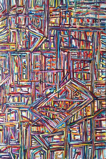 Fellowship of Line #8: Colorful expressionist abstract oil painting artwork. Shows colorful lines in an energy grid composed of the colors of red, pink, lilac, purple,  yellow and blue.  James Brown : Metro Detroit Artist