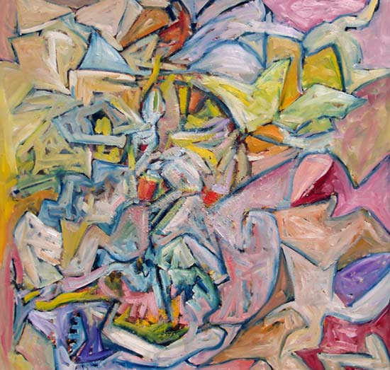 Opus #6: Pastel colored expressionist painting. Colors: pink, peach, yellow, rose, lilac and blue. Artist: James Homer Brown, Oakland County artist and member of the Detroit Art Scene.