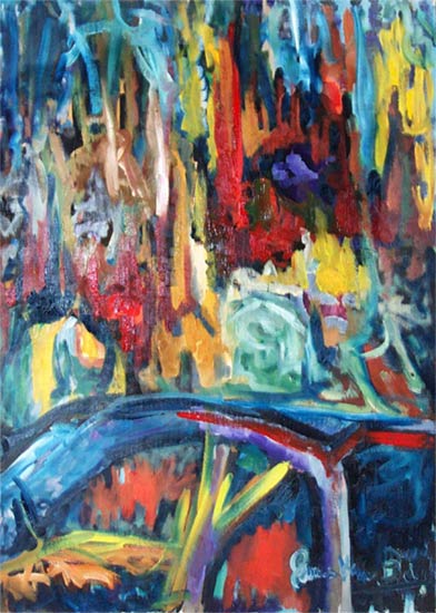 Turning Point #9: Colorful expressionist abstract oil painting artwork. Colors of red, orange, yellow and blue.  James Brown : Metro Detroit Artist 