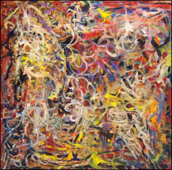 Americana #11: Jackson Pollock style brush strokes in shades of yellow, red, blue and black.  Colorful original abstract art oil painting from Oakland County Michigan painter: James Homer Brown