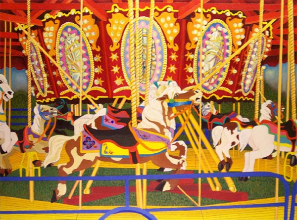 The Crimson Piper. Red and yellow colors dominate this Hershell Spillman carousel oil painting by James Homer Brown.
