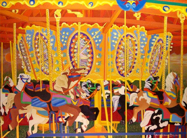 Carousel Art for Sale: The Golden Dawn - Carousel Merry-Go-Round Oil Painting. Brightly colored orange and yellow carousel with sunrise in the background. Vibrant color combinations by James Homer Brown.