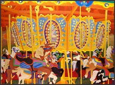 The Golden Dawn - Carousel Merry-Go-Round Oil Painting. Brightly colored orange and yellow carousel with sunrise in the background. Vibrant color combinations by James Homer Brown - member of the Detroit Art Scene.