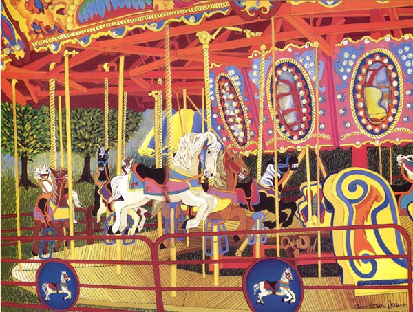 The First Carousel Ride: Carousel horse painting and art print. Colorful merry go round picture featuring smiling horses. 