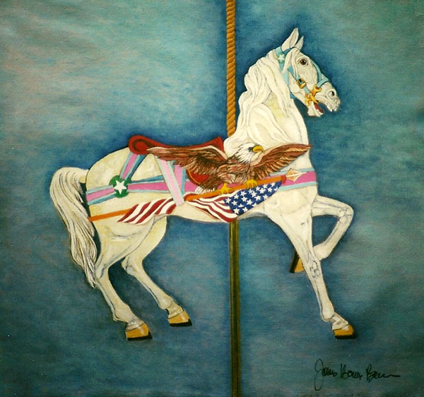 American Flag Carousel Horse. Beautiful white carrousel horse is adorned with an American Flag and an Eagle. 