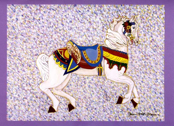 Carousel Note Cards for Sale:  Impressions of Illions - Illions carousel horse art note card with lilac border. Impressionistic background.