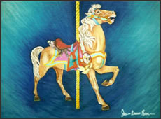 Muller carousel horse with carved image of the greek god mercury.  Carousel horse art artwork oil painting.