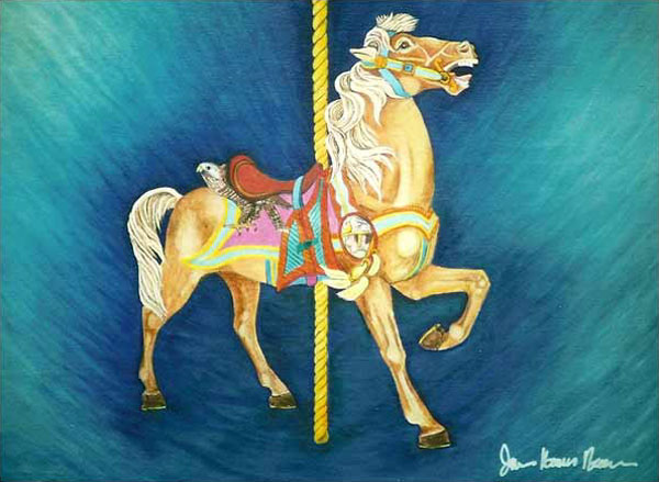 Carousel Art for Sale: Muller carousel horse with carved image of the greek god mercury.  Carousel horse art artwork oil painting.