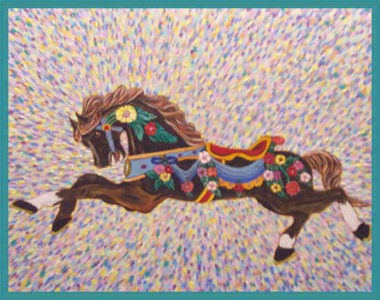 Carousel Art for Sale: Jumping Parker Carousel Horse painted with impressionistic background.