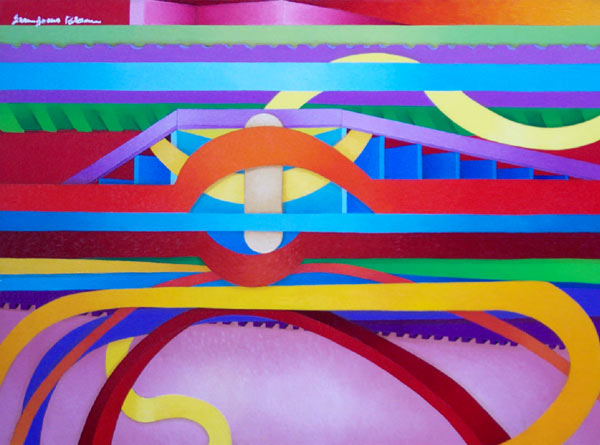 Colorful Abstract Oil Painting: Color Bands #22: Industrial Abstract Art from metro Detroit. James Homer Brown, member of the Detroit Art Scene paints colorful geoemtric abstract paintings inspired by automotive manufacturing.