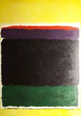 Colorblocks #7. Large abstract painting in shades of yellow, red, plum, green and black. 