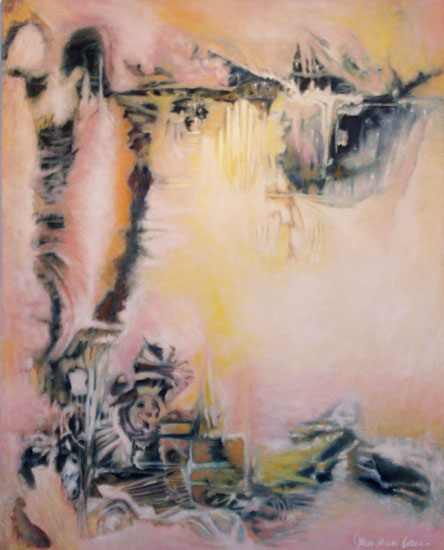 Montauk Point: Mysterious and misty looking Pastel Colored  Abstract Art  by James Homer Brown. Painted  with subtle shades of yellow,  blue,  and pink. Image resembles a golden waterfall and mysterious faces peek out from below.