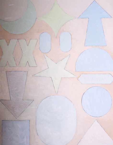 Push My Buttons: Pastel images suggest internet navigation button. Pastel Geometric Absract painting with images of Stars, Arrows, Circles and a Crescent Moon.  Painted in shades of light green, peach and blue.  Artist: James Homer Brown - Troy Michigan