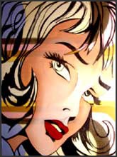 Pop art painting of a woman's face in the style of comic book art. 