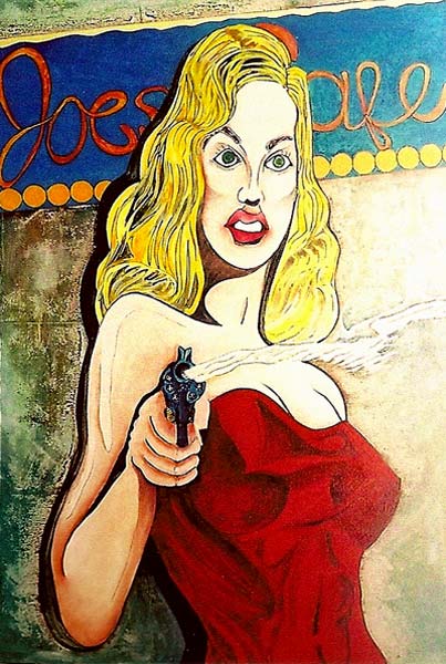 Joe's Cafe - Blonde haired woman who resembles Uma Thurman is wearing a tight fitting red dress and holding a smoking gun. "Joe's Cafe" is painted on the building in the back.