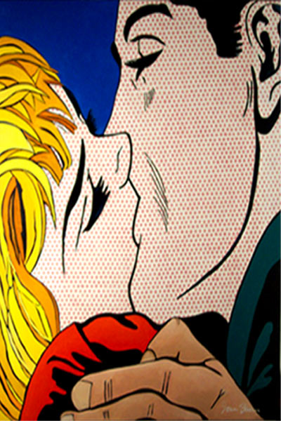 The Kiss #7 - artwork of two people kissing. painted in a "pop art" style with benday dots.