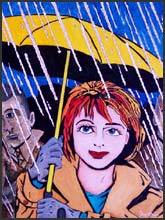 Rain #3 - Pop art painting of a beautiful smiling woman standing in the rain and holding an umbrella.