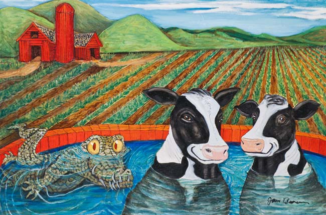 Cows in a Hot Tub - Whimsical Oil Painting picturing two cows relaxing in a hot tub - unaware of the crocodile that has joined the party!  Art print or oil painting by award winning artist - James Homer Brown, member of the Detroit art scene. 