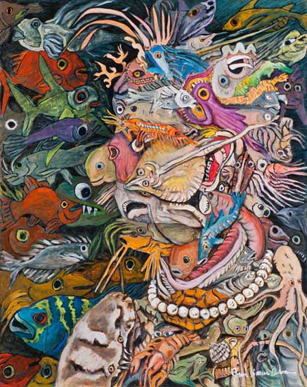 Neptune's Daughter - Fish Face painting. Overall image is composed of many smaller images of fish. Neptune is also called Poseidon. Intriguing, colorful, whimsical oil painting - also available as a print.
