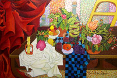 Still Life With Checkboard Tablecloth and Flowing Red Curtain by James Homer Brown