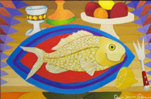 Geometric Abstract - Fish, Fork and Fruit painting For Sale