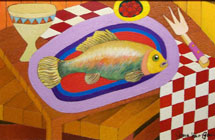 Fish and Checkerboard Tablecloth - Still Life Painting by James Homer Brown