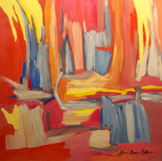 Morning Sunset: Expressionist Abstract Oil Painting in colors of coral, peach, pink and blue. Artist: James Homer Brown - an alumni of CCS the College for Creative Studies in Detroit Michigan. James Homer Brown, member of the Detroit Art Scene paints colorful geoemtric abstract paintings for corporations, individuals and the movie industry. 