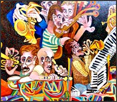 Jazz Musicians #13. Colorful Jazzy Abstract Artwork with Musicians playing saxaphones and a keyboard: James H Brown art named: New Orleans Jazz Musicians #13