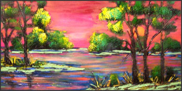 Bayou Sunset: Green Trees and a hot pink sky in the Louisiana bayou. 