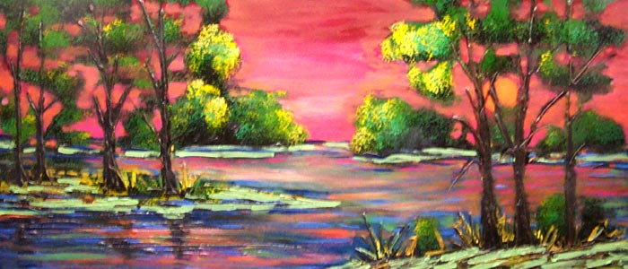 Bayou Sunset: Vibrant Colors of blue red and orange as the sun lights the Louisiana Bayou. Expressionist painting technique.  New York style art in metro Detroit.