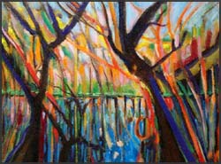 Bayou #3. Expressionist abstract painting of Louisiana bayou. Brilliant colors of blue, red and green. 