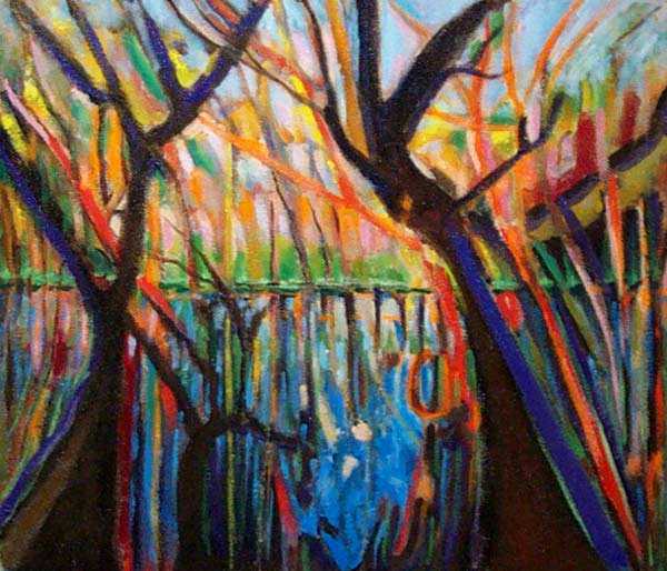 Bayou #3: Vibrant Colors of blue red and orange as the sun lights the Louisiana Bayou. Expressionist painting technique.  New York style art in metro Detroit.