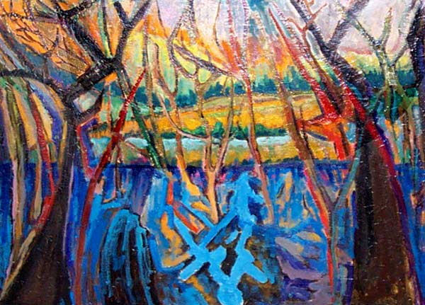 Bayou #5: Vibrant Colors of blue red and orange as the sun lights the Louisiana Bayou. Expressionist painting technique.  New York style art in metro Detroit.