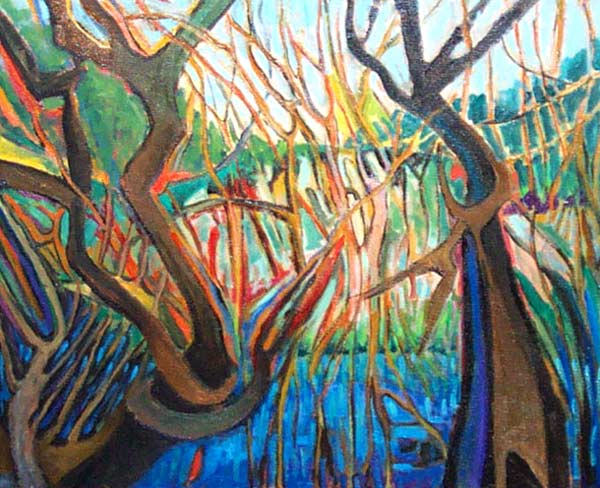 Bayou #6: Vibrant Colors of blue red and orange as the sun lights the Louisiana Bayou. Expressionist painting technique.  New York style art in metro Detroit.