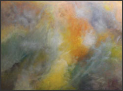 Misty Dawn #1: Soft colors of blue grey and gold in a painting suggests the morning sunrise warming up a foggy day.