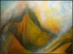 Misty Dawn #3: Soft colors of blue charcoal gray and gold in a painting suggests the morning sunrise in the mountains. Foggy Mountain landscape painting.