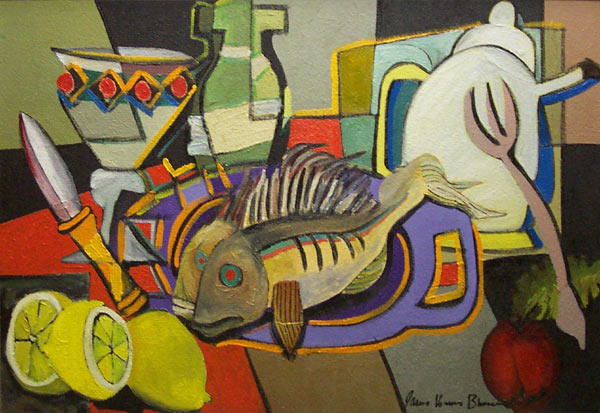 Abstract Fish Painting: Fish on a Purple Plate by James Homer Brown . New York style art from metro Detroit. James Homer Brown, member of the Detroit Art Scene paints colorful urban paintings for corporations, individuals and the movie industry. 