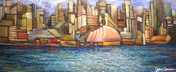 River City: abstract waterfront Oil Painting. Artist: James Homer Brown . New York style art from metro Detroit. James Homer Brown, member of the Detroit Art Scene paints colorful urban paintings for corporations, individuals and the movie industry. 