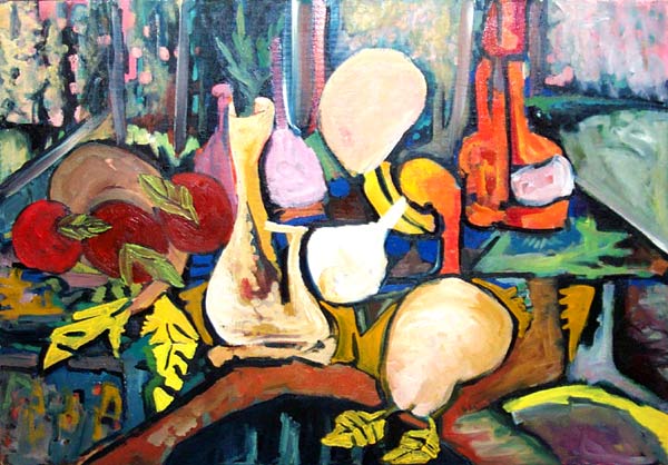 Still Life #26: pictures juicy red apples, a pear and a wine bottle. Colorful Abstract Oil Painting : James Homer Brown - Michigan artist . New York style art from metro Detroit. James Homer Brown, member of the Detroit Art Scene paints colorful original art paintings for corporations, individuals and the movie industry. 