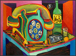 Wrong Number: Expressionist Abstract Painting that features an old style telephone and a liquor bottle