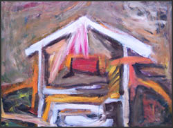 Zen House: Art by James Homer Brown.  Painted in shades of bright orange, pink, red and white. Earth tone colors in the background.