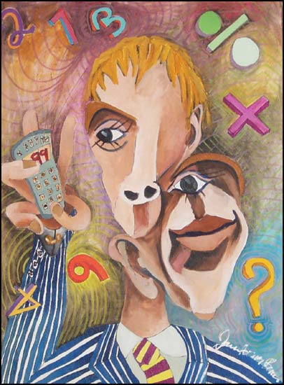 Numbers Guy #3 Picasso's Accountant: Satirical abstract portraits about Wall Street and Business by James Homer Brown - an award winning Michigan artist and member of the Detroit Art Scene.