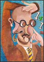 Numbers Guy #7. Humorous picture of a businessman or wall street banker  with glasses. Numbers swirl around his head. 