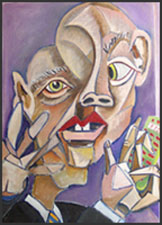 Numbers Guy #13. German expressionist abstract portrait of a man with vampire like teeth and holding a calculator. The man has green eyes and is placed in front of a lilac background. 