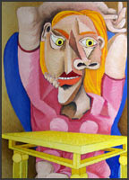 Numbers Girl #14. Picasso's accountant. Blonde haired woman sitting at a yellow table and wondering about her next work project. She's wearing a pink dress and has her arms crossed over her head.  Abstract picture of a woman in the style of Pablo Picasso. 