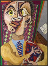 Numbers Guy #16. Abstract oil paiinting in the style of Matisse. Picture of a banker or businessman wearing a striped necktie and clutching a set of financial records.  Original abstract oil painting by award winning Michigan artist James Homer Brown.